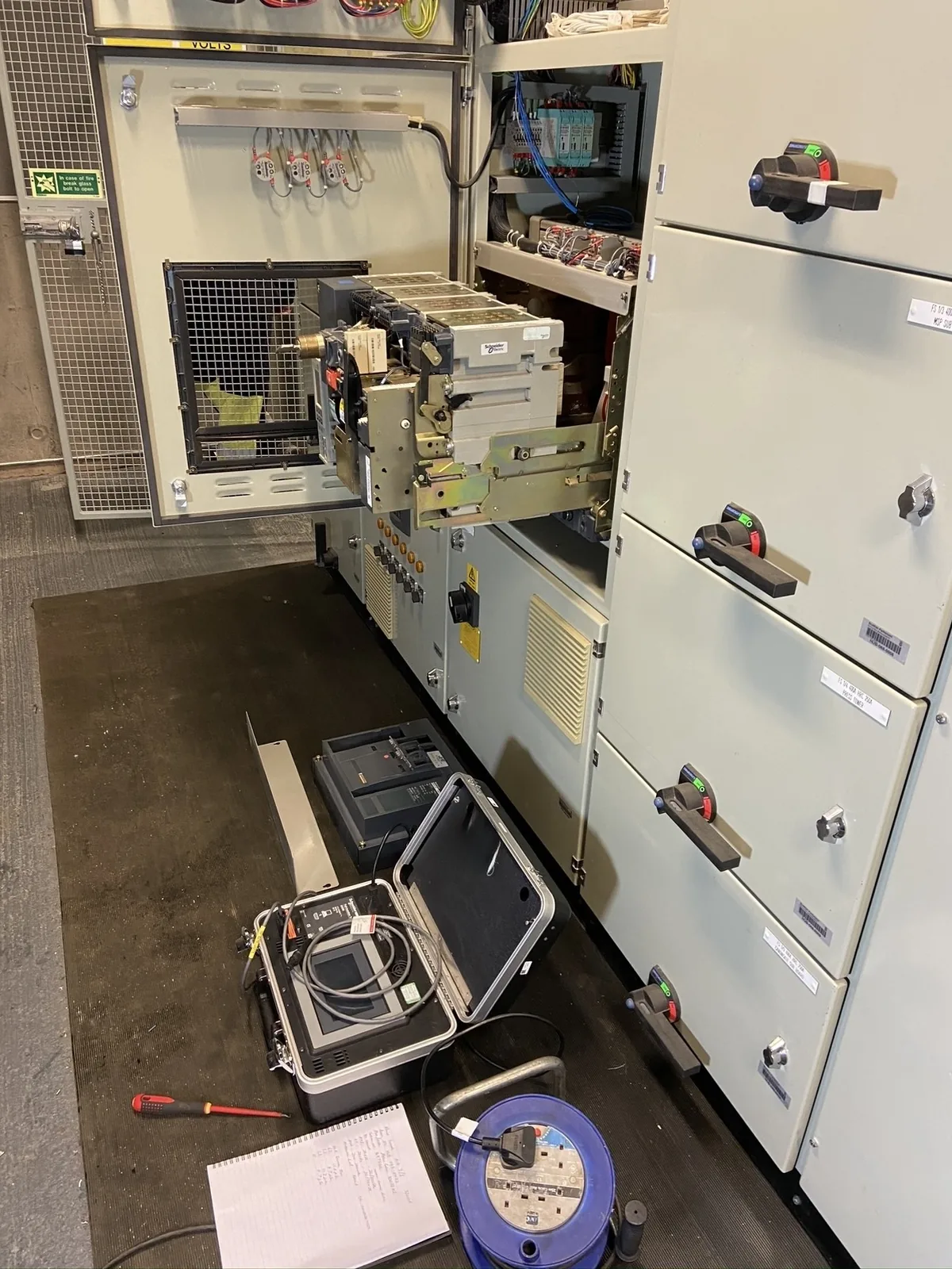 An air circuit breaker withdrawn for maintenance and testing